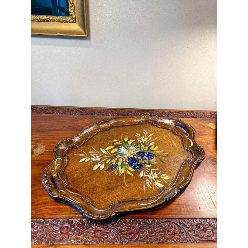 Vintage Ernst Huber Berchtesgaden Germany Hand Painted Carved Wood Tray Floral